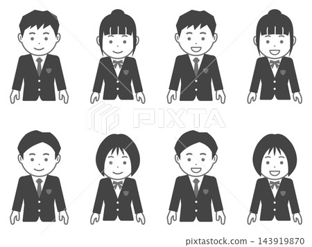 [圖示] 身穿灰色西裝外套的男學生和身穿灰色西裝外套的女學生，雙臂自然下垂。 143919870