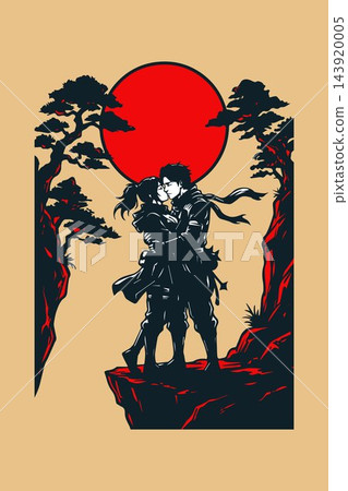 Illustration of a Ninja Couple Kissing Under a Full Moon Artwork Design Template for Posters and Wall Art 143920005