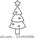Single Christmas tree line art icon illustration decorated with ornaments and star on top isolated on transparent background. Black outline pine tree clip art for holiday layout design. Single Christmas tree line art icon illustration decorated with ornaments and star on top isolated on transparent background. Black outline pine tree clip art for holiday layout design. 143920066