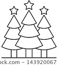 Three Christmas trees line art icon illustration with star toppers standing on ground line isolated on transparent background. Black outline pine forest clip art for holiday design. Three Christmas trees line art icon illustration with star toppers standing on ground line isolated on transparent background. Black outline pine forest clip art for holiday design. 143920067
