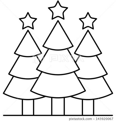 Three Christmas trees line art icon illustration with star toppers standing on ground line isolated on transparent background. Black outline pine forest clip art for holiday design. Three Christmas trees line art icon illustration with star toppers standing on ground line isolated on transparent background. Black outline pine forest clip art for holiday design. 143920067