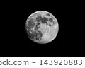Detailed full moon against pure black sky showing craters, maria and ray systems 143920883