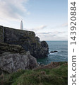 White maritime beacon standing on a steep rocky cliff overlooking the ocean under a cloudy sky. 143920884