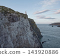 White conical daymark beacon on steep rocky cliff edge overlooking sea and distant coastal islands 143920886