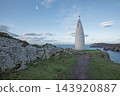 Tall white monument standing on a rocky cliff by the blue sea under a cloudy sky during the daytime. 143920887