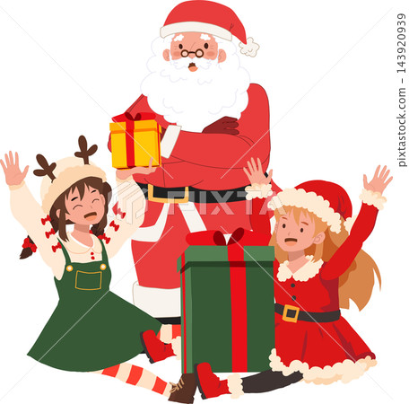 Christmas Celebration Illustration of Santa Claus Giving Presents to Two Excited Kids Wearing Festive Holiday Outfits Christmas Celebration Illustration of Santa Claus Giving Presents to Two Excited Kids Wearing Festive Holiday Outfits 143920939