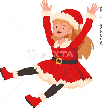 cheerful blonde girl in santa costume sitting with raised arms, created as a holiday illustration for christmas cheerful blonde girl in santa costume sitting with raised arms, created as a holiday illustration for christmas 143920940