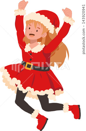 Christmas Girl Cartoon Illustration Jumping Happily in Red Santa Claus Costume with Festive Hat and Boots Christmas Girl Cartoon Illustration Jumping Happily in Red Santa Claus Costume with Festive Hat and Boots 143920941