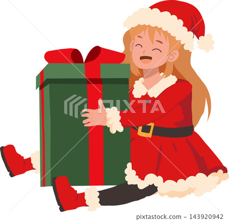Christmas Cartoon Character Smiling Girl in Santa Outfit with Oversized Gift Box Festive Holiday Artwork Christmas Cartoon Character Smiling Girl in Santa Outfit with Oversized Gift Box Festive Holiday Artwork 143920942