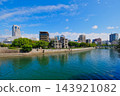 A view of the Atomic Bomb Dome and the city of Hiroshima against a blue sky, seen across the Motoyasu River. 143921082