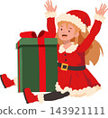 Christmas Girl in Santa Costume Celebrating with Giant Gift Box Cute Festive Cartoon Illustration 143921111