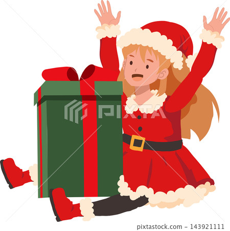 Christmas Girl in Santa Costume Celebrating with Giant Gift Box Cute Festive Cartoon Illustration Christmas Girl in Santa Costume Celebrating with Giant Gift Box Cute Festive Cartoon Illustration 143921111