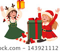 Christmas Cartoon Illustration of Two Happy Girls in Santa and Reindeer Costumes Celebrating with Colorful Gift Boxes 143921112