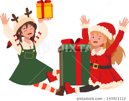Christmas Cartoon Illustration of Two Happy Girls in Santa and Reindeer Costumes Celebrating with Colorful Gift Boxes Christmas Cartoon Illustration of Two Happy Girls in Santa and Reindeer Costumes Celebrating with Colorful Gift Boxes 143921112
