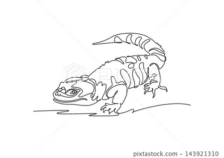 Continuous one line drawing wild desert spiny-tailed lizard or uromastyx crawling across the ground, its textured scaly ridges, heavy armored tail. Single line draw design vector graphic illustration 143921310