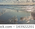 Sunset on the beach near beautiful sea in the evening. Yellow sunlight. Vacation in Ostend, Belgien. Nature background. 143922201