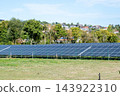 A large solar panel array framed by green shrubs near the houses in field, illustrating renewable energy, sustainable power generation and clean technology in an outdoor solar farm setting under natur 143922310