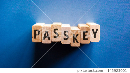 Passkey word symbol. Concept word Passkey on beautiful wooden blocks. Beautiful blue background. Business passkey word concept. Copy space. 143923001