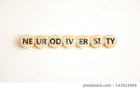 Neurodiversity word symbol. Concept word Neurodiversity on beautiful wooden circles. Beautiful white background. Business science biological medical neurodiversity word concept. Copy space. Neurodiversity word symbol. Concept word Neurodiversity on beautiful wooden circles. Beautiful white background. Business science biological medical neurodiversity word concept. Copy space. 143923004