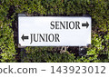 Senior or junior words symbol. Concept words Senior Junior on beautiful white sign plate. Beautiful green leaf background. Business and senior or junior concept. Copy space. 143923012