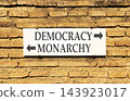 Democracy or monarchy words symbol. Concept words Democracy Monarchy on beautiful white sign plate. Beautiful brick wall background. Business democracy monarchy concept. Copy space 143923017