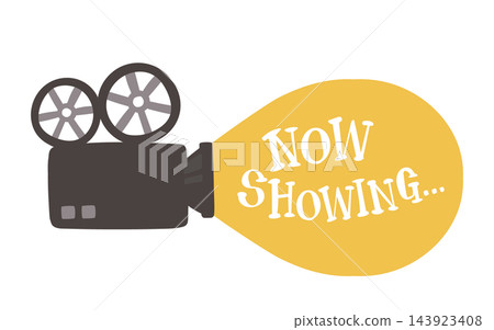復古電影攝影機和放映機圖標，帶有“正在上映”字樣，並發光 143923408
