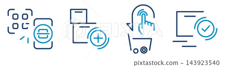 QR code scanning icon set, flat illustration, online shopping, product selection, order receipt QR code scanning icon set, flat illustration, online shopping, product selection, order receipt 143923540