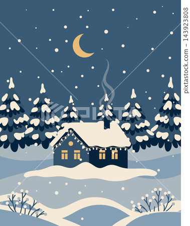 Winter landscape with cozy house in snowy forest at night. Illustration for New Years and Christmas cards. 143923808
