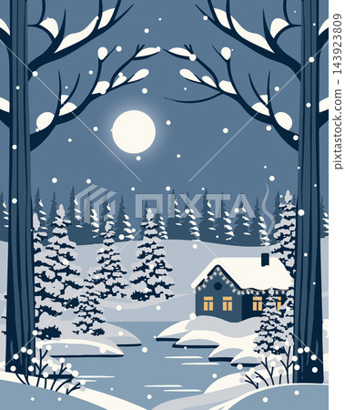Winter landscape with cozy house in snowy forest with river. Illustration for New Years and Christmas cards. Winter landscape with cozy house in snowy forest with river. Illustration for New Years and Christmas cards. 143923809