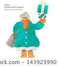 An elderly woman enjoying Christmas shopping - a stylish watercolor illustration. 143923990