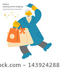 A colorful and cheerful hand-drawn flat illustration of an elderly man enjoying Christmas shopping. 143924288