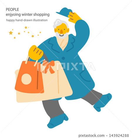 A colorful and cheerful hand-drawn flat illustration of an elderly man enjoying Christmas shopping. A colorful and cheerful hand-drawn flat illustration of an elderly man enjoying Christmas shopping. 143924288