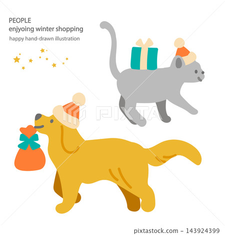 A cat and a dog enjoying Christmas shopping - a colorful and fun hand-drawn flat illustration. A cat and a dog enjoying Christmas shopping - a colorful and fun hand-drawn flat illustration. 143924399