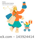 A colorful and fun hand-drawn flat illustration of a baby and mother enjoying Christmas shopping. 143924414