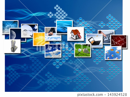 Digital Media Collage on Blue Technology Background 143924528