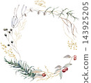Watercolor Christmas wreath with winter berries, leaves and branches. Botanical isolated illustration 143925205