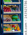 Fresh organic fruit in crates on market 143925786