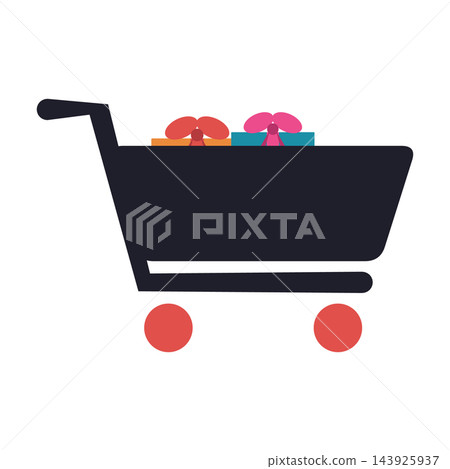 Black shopping cart full of colorful gift boxes for holiday shopping, clipart isolated on white Black shopping cart full of colorful gift boxes for holiday shopping, clipart isolated on white 143925937