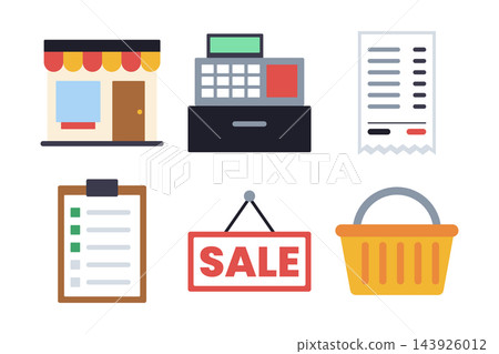 Set of shop front, cash register, receipt and basket, shopping clipart isolated on white background Set of shop front, cash register, receipt and basket, shopping clipart isolated on white background 143926012