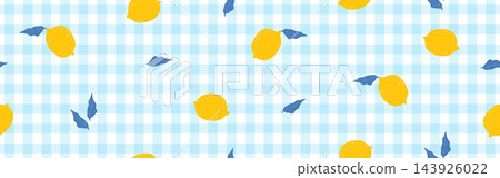 Vichy baby pattern. Blue cage Background with lemons. Fabric texture design. Vector flat illustration 143926022