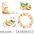 Avocado with red chili peppers and garlic, whole fruits, halves and slices with leaves. Hand painted realistic watercolor botanical illustration set isolated on white for food recipes and packaging. 143926553