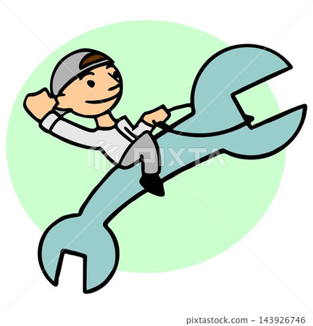 vector illustration of a mechanic riding wrench in cartoon style vector illustration of a mechanic riding wrench in cartoon style 143926746