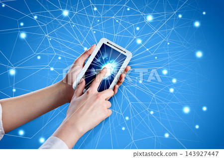 Smartphone Network Connection with Hands on Blue Digital Background Smartphone Network Connection with Hands on Blue Digital Background 143927447
