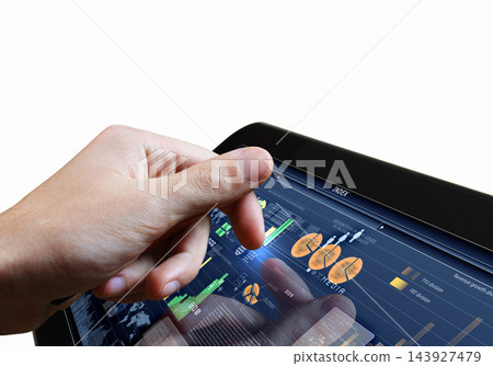 Business Finance Dashboard on Touchscreen Tablet with Hand Gesture 143927479