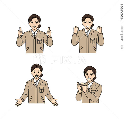 一組四幅插圖,描繪了一位身穿米色工作服的女老闆擺出各種姿勢,適合表達歡迎和鼓勵等情感。 一組四幅插圖,描繪了一位身穿米色工作服的女老闆擺出各種姿勢,適合表達歡迎和鼓勵等情感。 143928594
