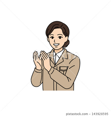 圖解:一位身穿米色工作制服的女老闆面帶微笑,正在鼓掌。 圖解:一位身穿米色工作制服的女老闆面帶微笑,正在鼓掌。 143928595