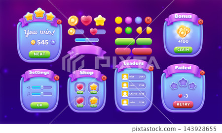 Game UI Kit with Popup Windows Buttons Icons and Menus for Mobile App Including Settings Leaderboard Win Shop and Bonus 143928655