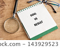 A notebook marked goal versus result lies on a wooden desk beside a magnifying glass and glasses, viewed from above indoors 143929523