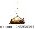 Black Coffee, tea, espresso, cola pouring and splash as crown water. Coffee, tea, espresso, cola explode bubble splash in mid air. White background isolated photo with gold glitter 143930394