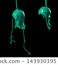 Neon green paint pouring down curve ball. Fluorescent green liquid water melting over Black background isolated. Bright paint melt down on sphere ball sticky spike, Photograph 143930395